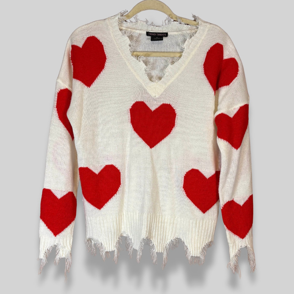 Women’s Cream V-Neck Heart Sweater